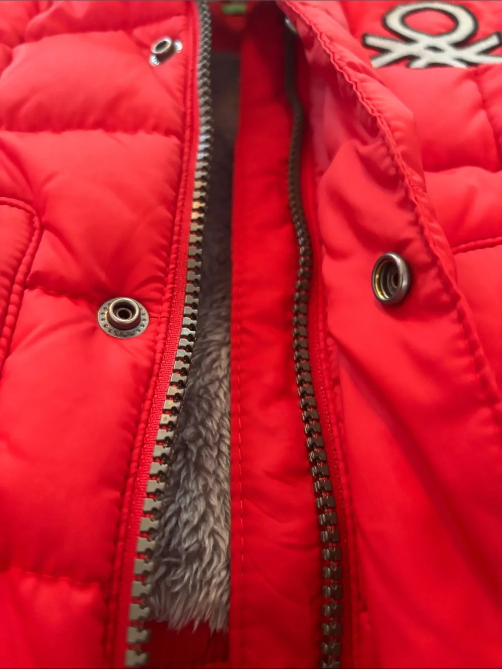 United Colors Of Benetton Bright Red Quilted Puffer Jacket with Faux Fur Hood